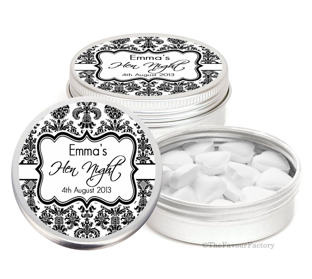 Elegant Damask Personalised Hen Night Party Favour Tins Keepsakes x1