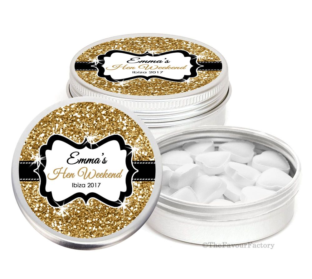 Gold Glitter Effect Personalised Hen Night Party Favour Tins Keepsakes x1