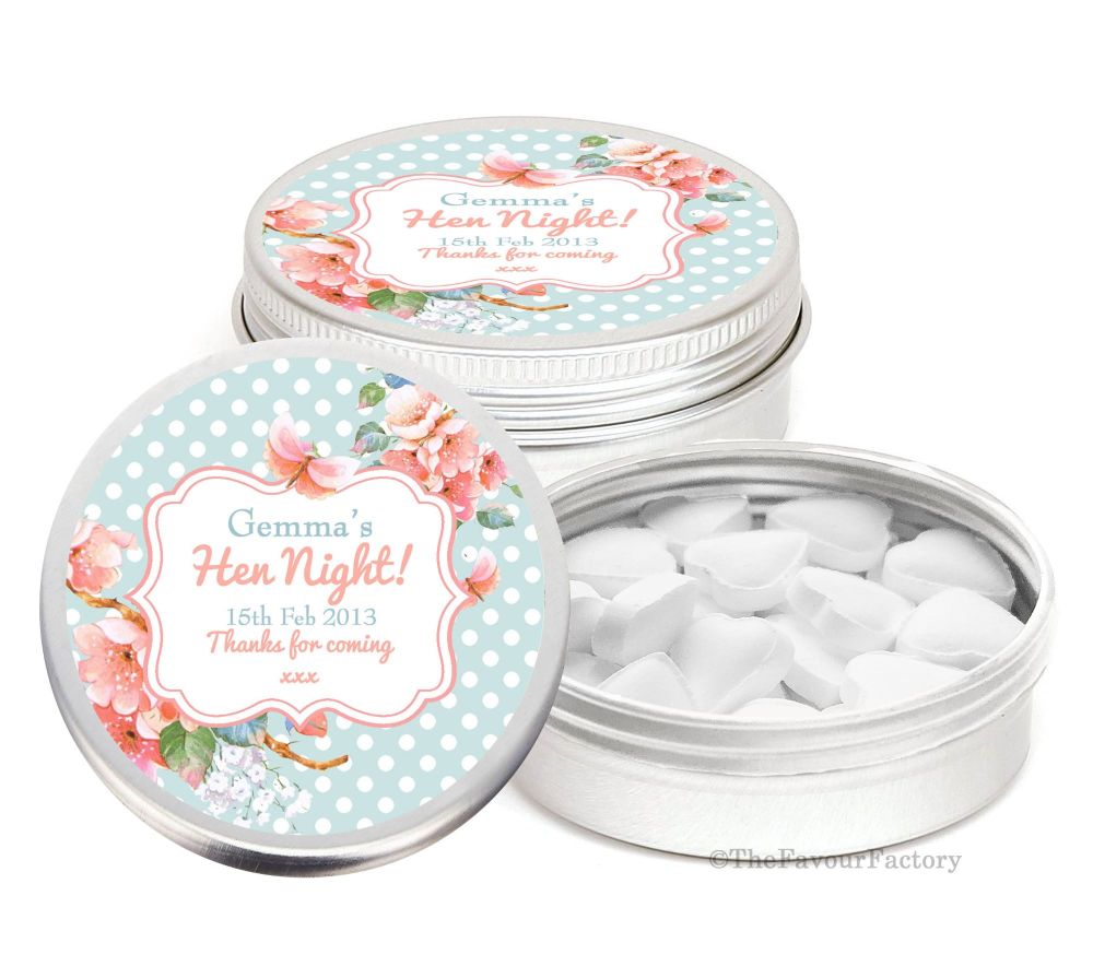Polka Dot Florals Personalised Hen Night Party Favour Tins Keepsakes x1