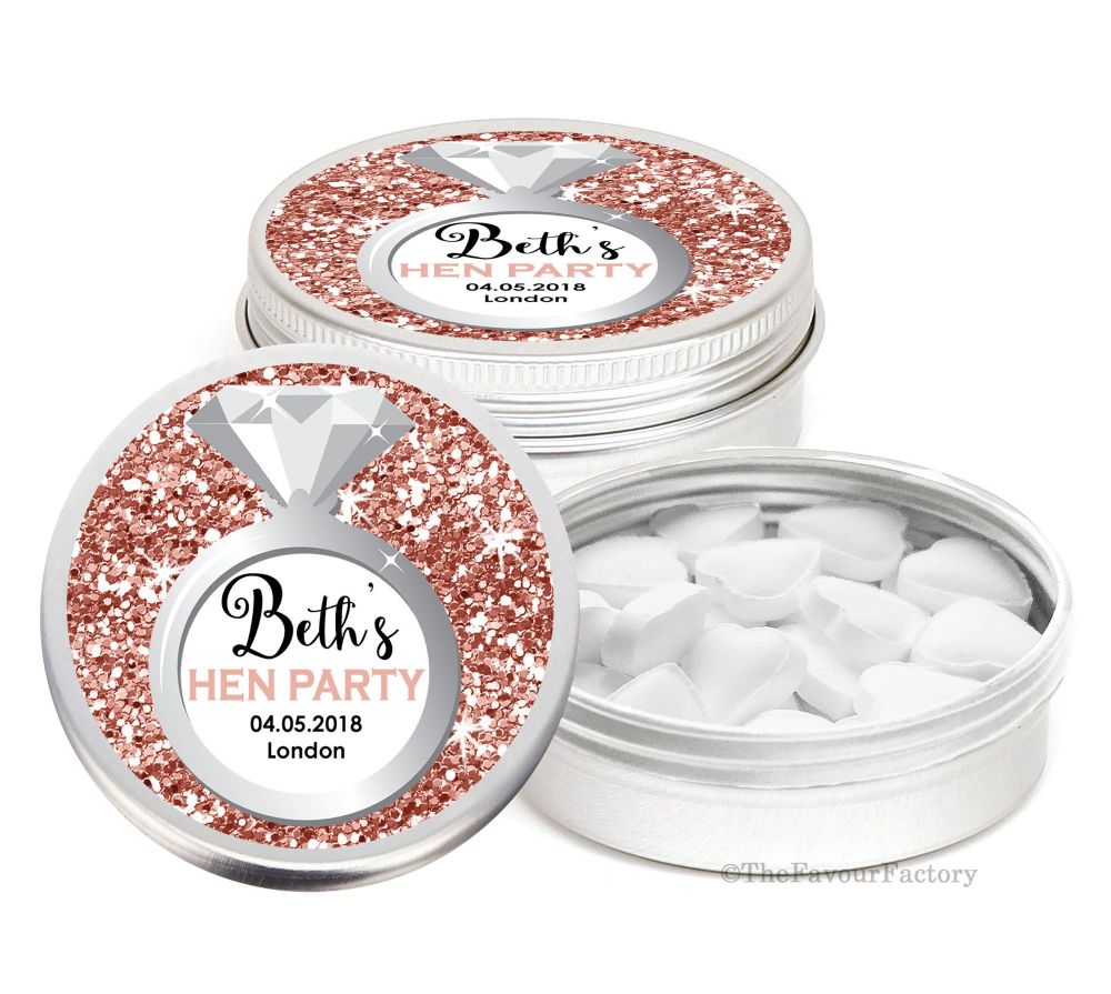 Ring Rose Gold Glitter Personalised Hen Night Party Favour Tins Keepsakes x