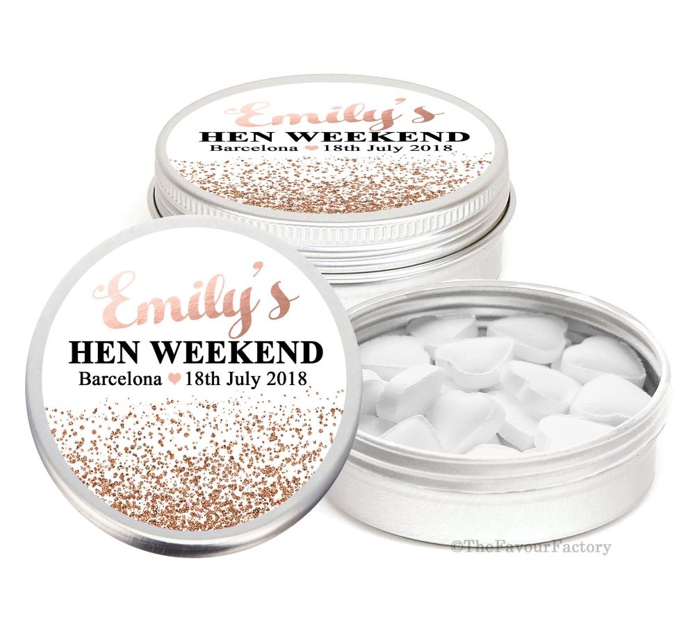 Rose Gold Glitter Confetti Personalised Hen Night Party Favour Tins Keepsak