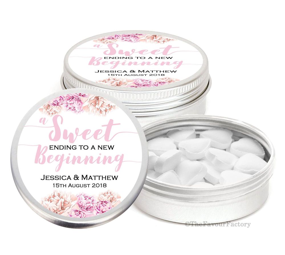 A sweet Ending Floral Personalised Wedding Day favour Tins Keepsakes x1