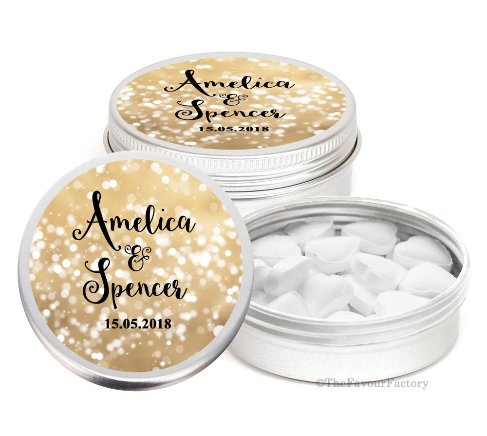 Bokeh Sparkles Personalised Wedding Day favour Tins Keepsakes x1