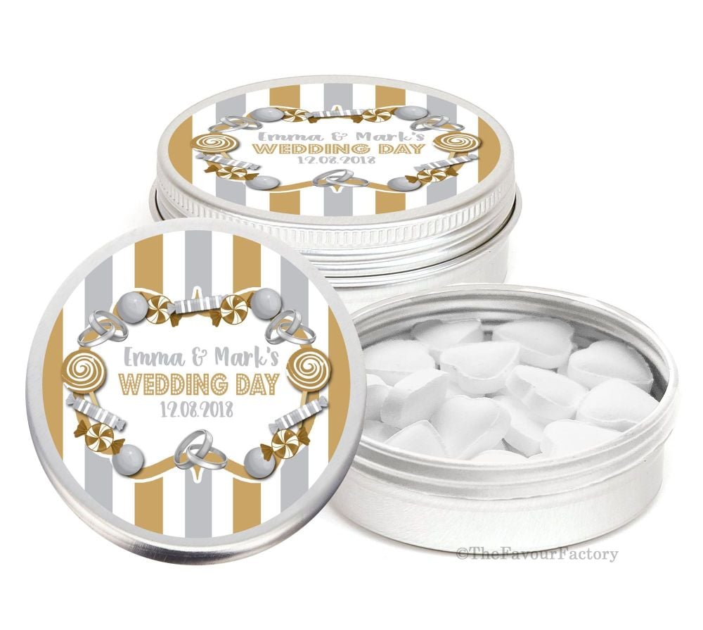 Candy Sweets Theme Personalised Wedding Day favour Tins Keepsakes x1