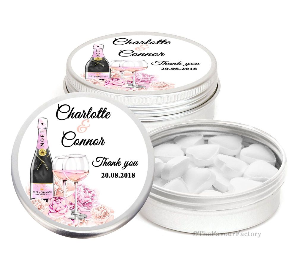 Champagne & Flowers Personalised Wedding Day favour Tins Keepsakes x1