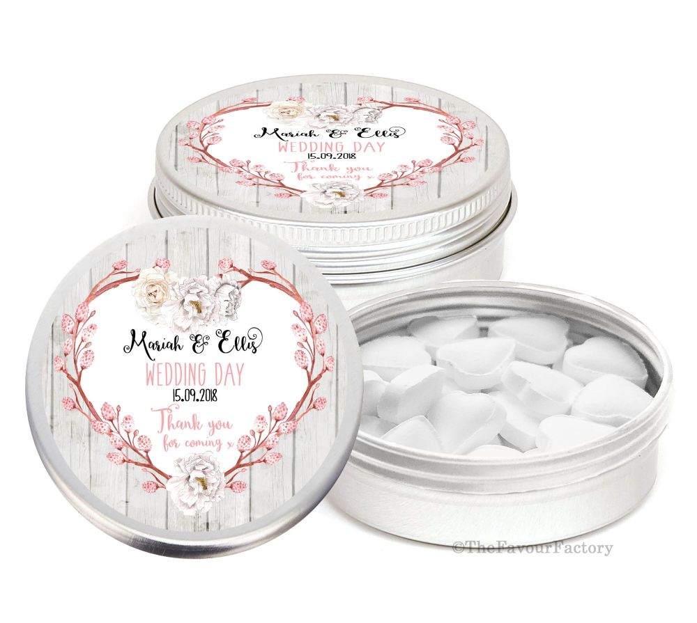 Chloe Rustic Floral Heart Personalised Wedding Day favour Tins Keepsakes x1