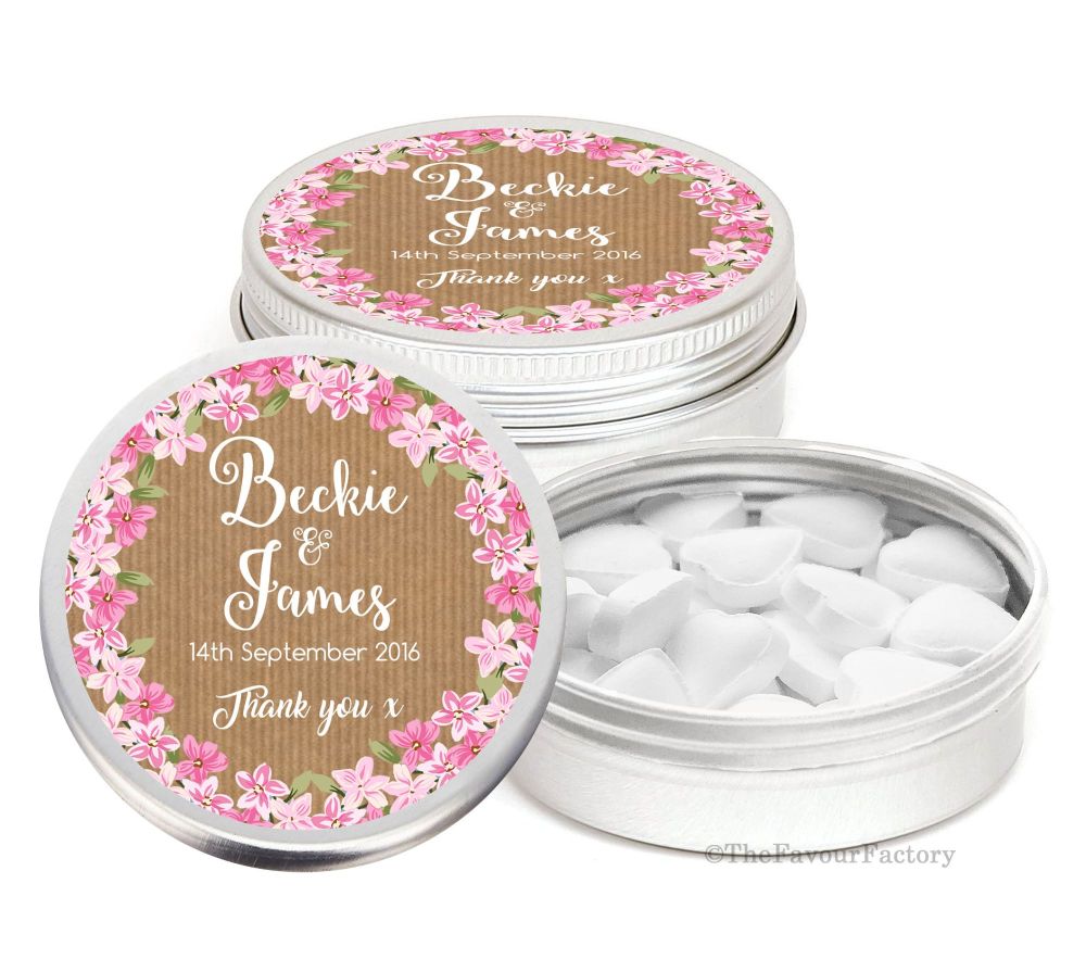 Kraft Floral Wreath Personalised Wedding Day favour Tins Keepsakes x1