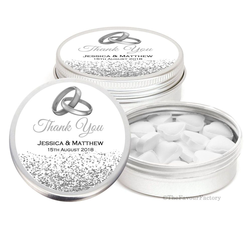 Silver Glitter Rings Personalised Wedding Day favour Tins Keepsakes x1