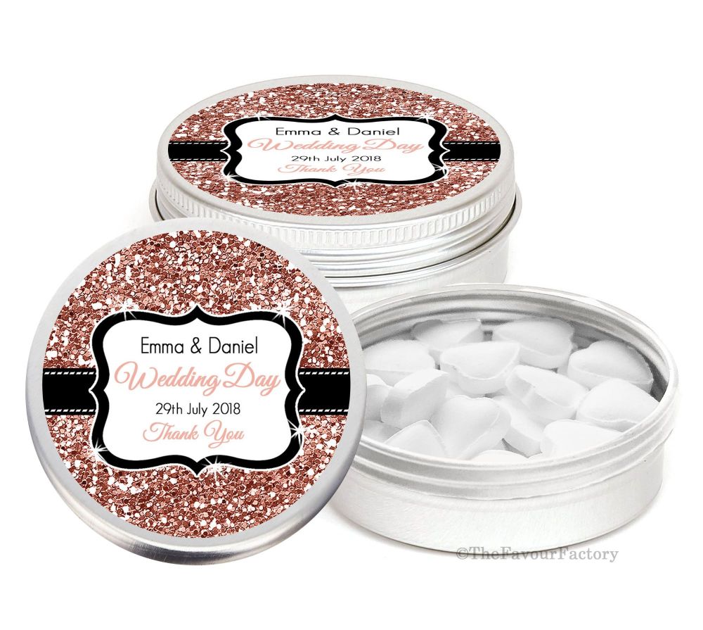 Rose Gold Glitter Effect Personalised Wedding Day favour Tins Keepsakes x1