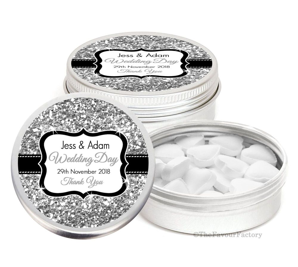 Silver Gold Glitter Effect Personalised Wedding Day favour Tins Keepsakes x