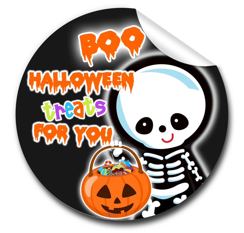 skeleton halloween party glossy stickers, halloween trick or treat