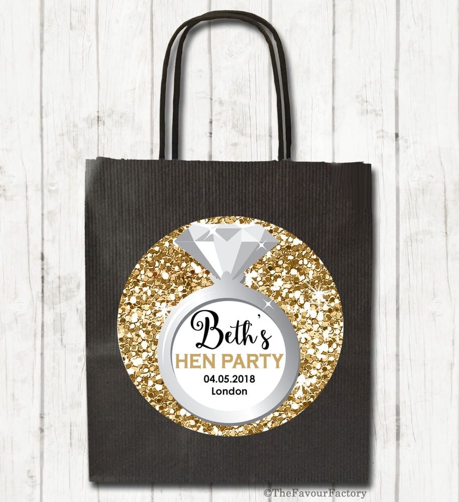Gold Glitter Engagement Ring Personalised Hen Night Party Bags x1