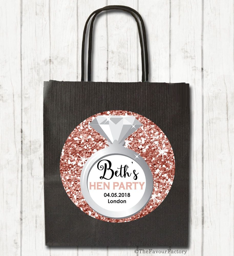 Rose Gold Glitter Engagement Ring Personalised Hen Night Party Bags x1