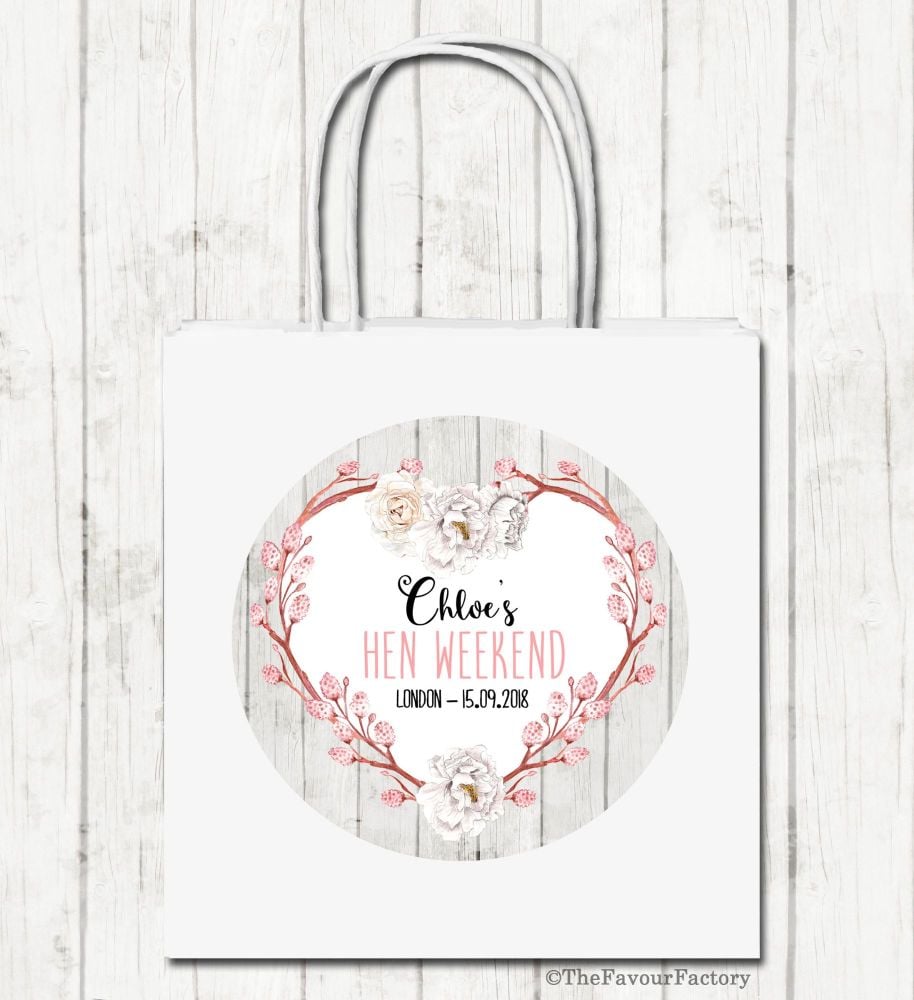 Rustic Floral Heart Wreath Personalised Hen Night Party Bags x1