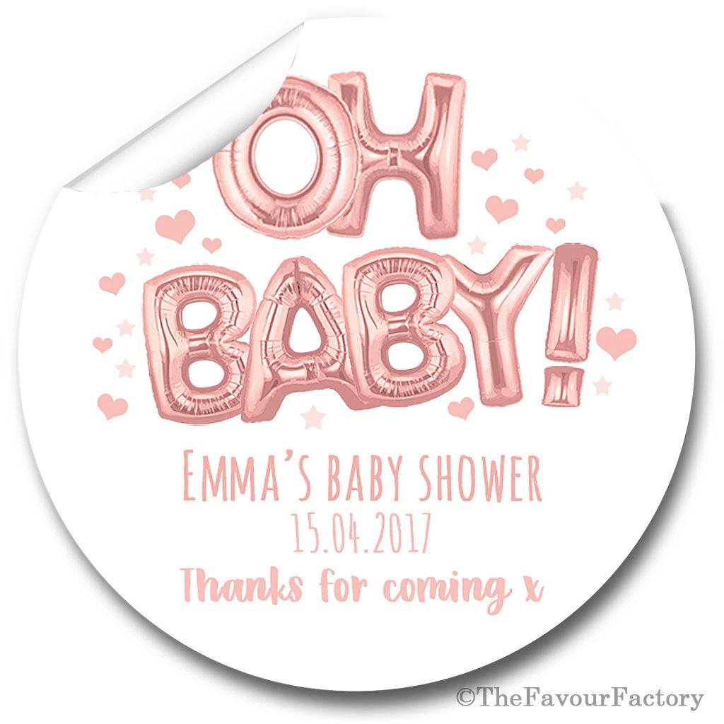 'Oh Baby' Rose Gold Balloons Personalised Baby Shower Party Favours Sticker