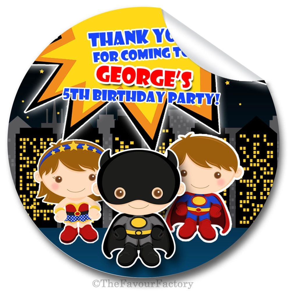 Superhero Birthday party personalised bags stickers 1x A4 sheet