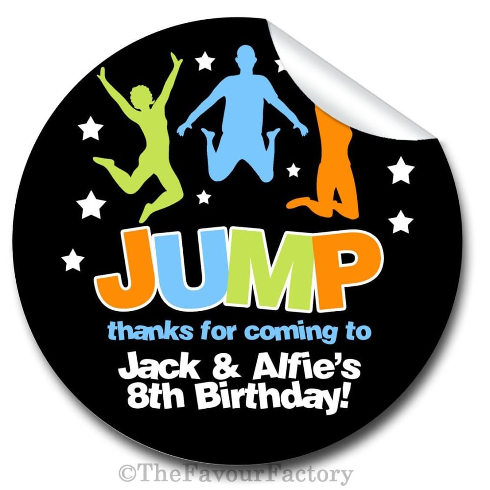 Jump Trampolining Personalised Birthday party bags sweet cones stickers