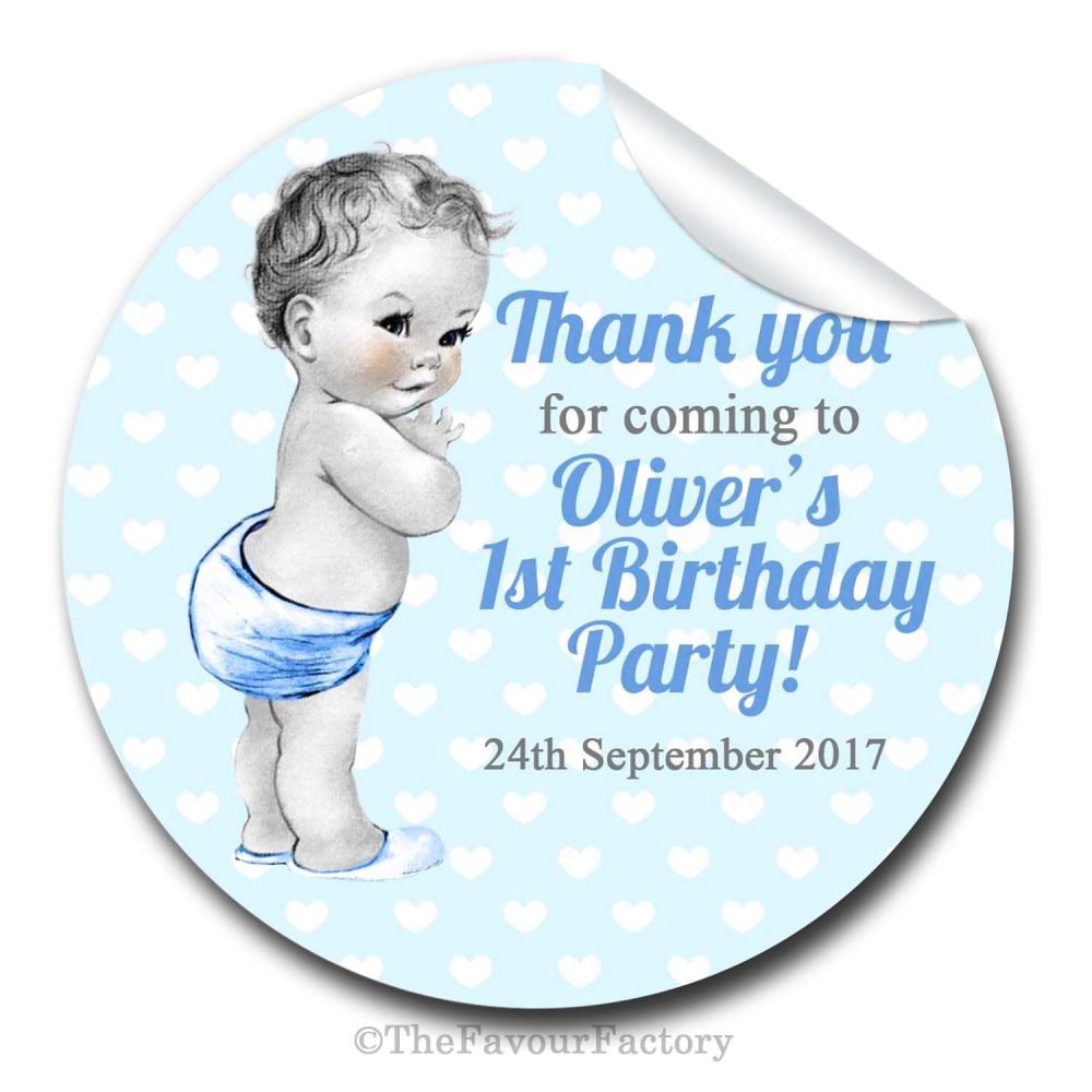 Baby Boy Vintage Birthday party personalised bags stickers 1x A4 sheet