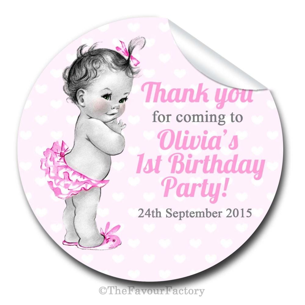 Baby Girl Vintage Personalised Birthday party bags sweet cone stickers labe