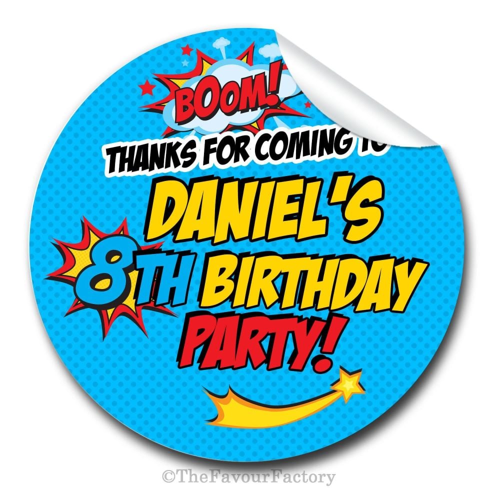 Boom Superhero Personalised Birthday party bags sweet cones stickers