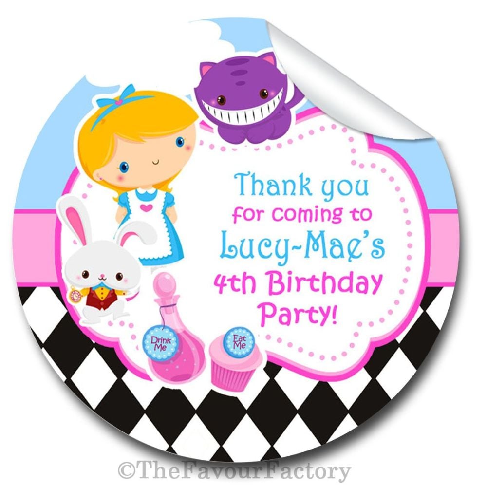 Alice in Wonderland Personalised Birthday party bags sweet cones stickers