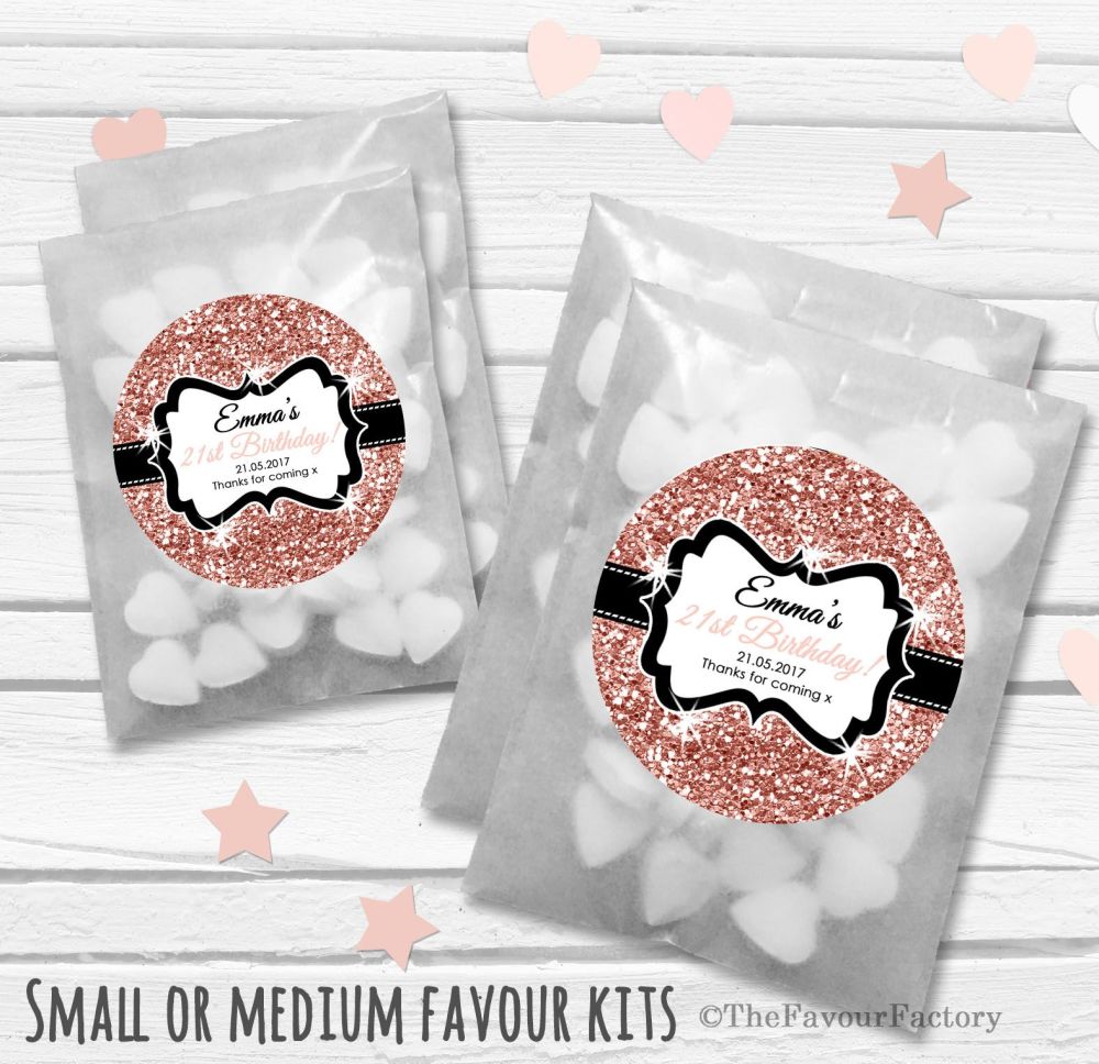 Gold Glitter Personalised Adult Birthday Party Favours Glassine Bags Kits x