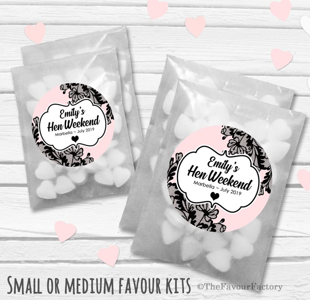 Black Lace Personalised Hen Party Favours Glassine Bags Kits x12
