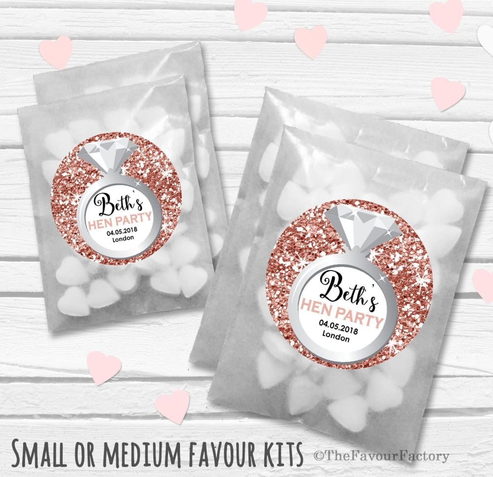 Rose Gold Glitter Confetti Personalised Hen Party Favours Glassine Bags Kit