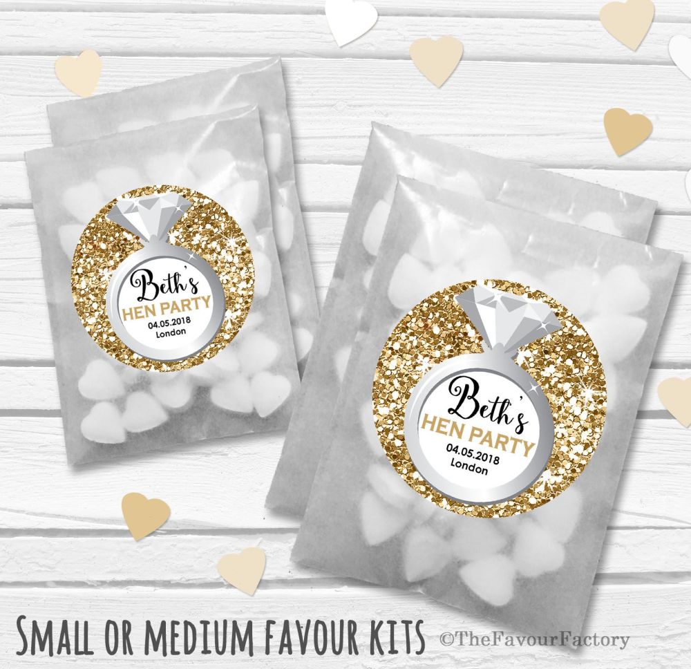 Gold Glitter Confetti Personalised Hen Party Favours Glassine Bags Kits x12