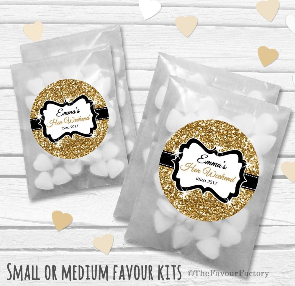 Gold Glitter Confetti Personalised Hen Party Favours Glassine Bags Kits x12