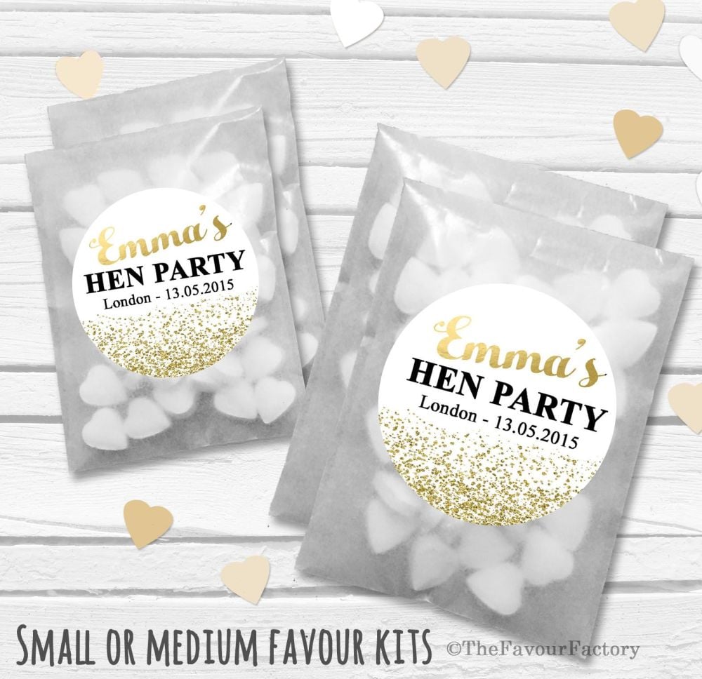 Gold Glitter Confetti Personalised Hen Party Favours Glassine Bags Kits x12