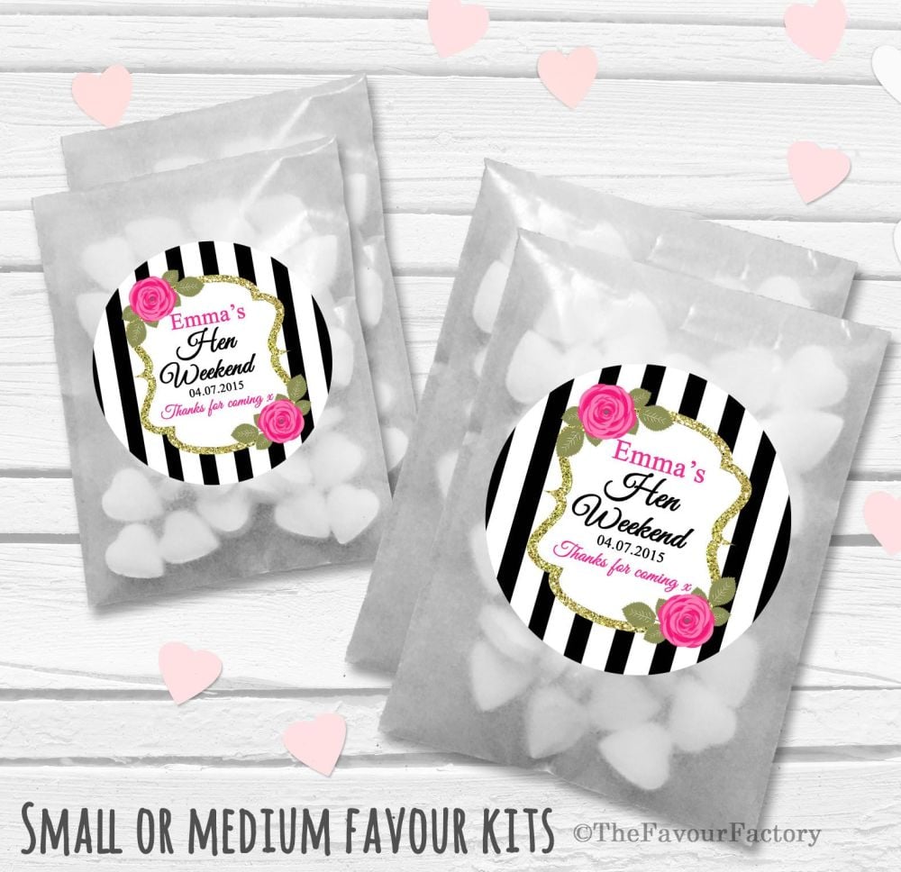 Black Stripe Roses Personalised Hen Party Favours Glassine Bags Kits x12