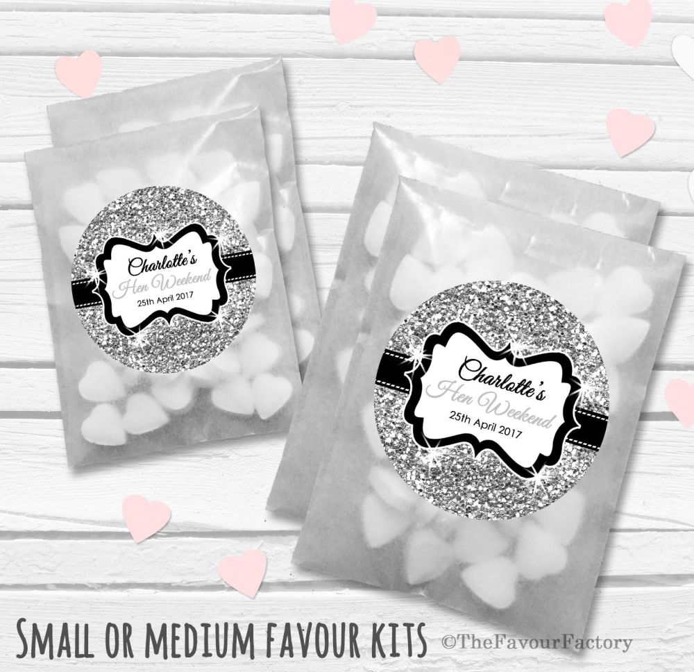 Silver Glitter Personalised Hen Party Favours Glassine Bags Kits x12