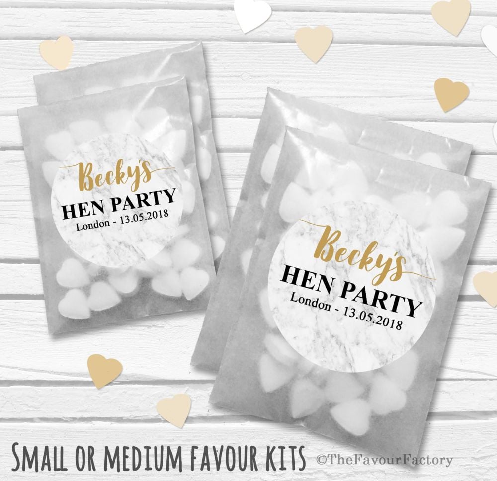 Marble Personalised Hen Party Favours Glassine Bags Kits x12