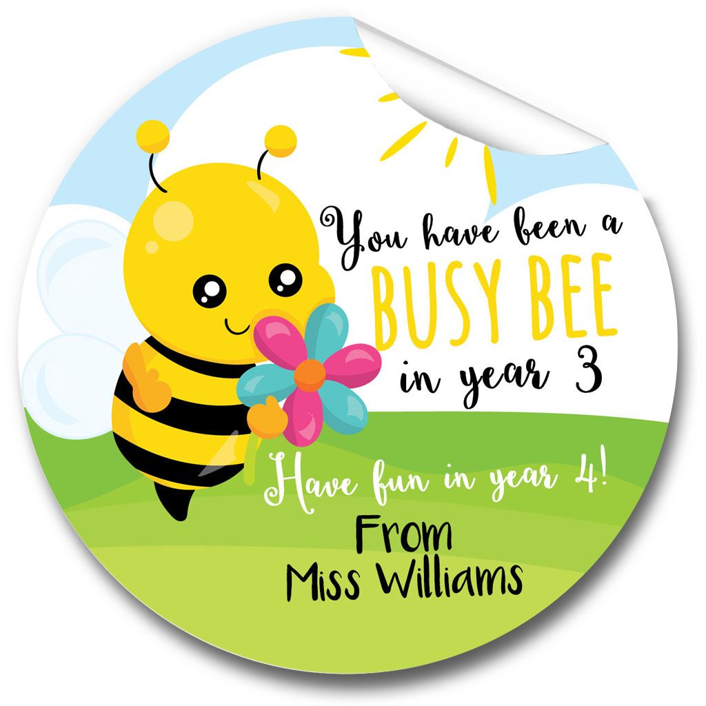 Busy Bee End of Year Teacher Stickers, Personalised 1xA4 sheet