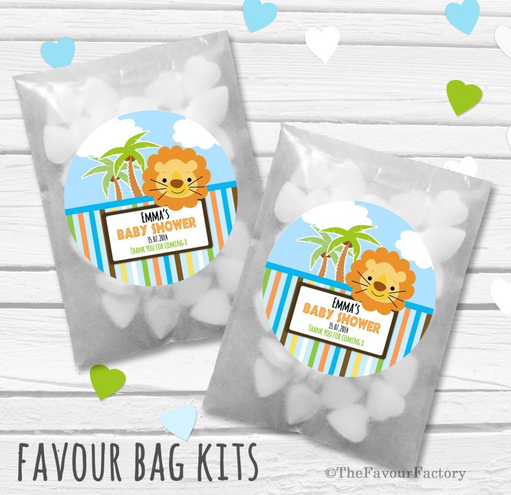 Lion Personalised Baby Shower Party Favours Glassine Bags Kits x12