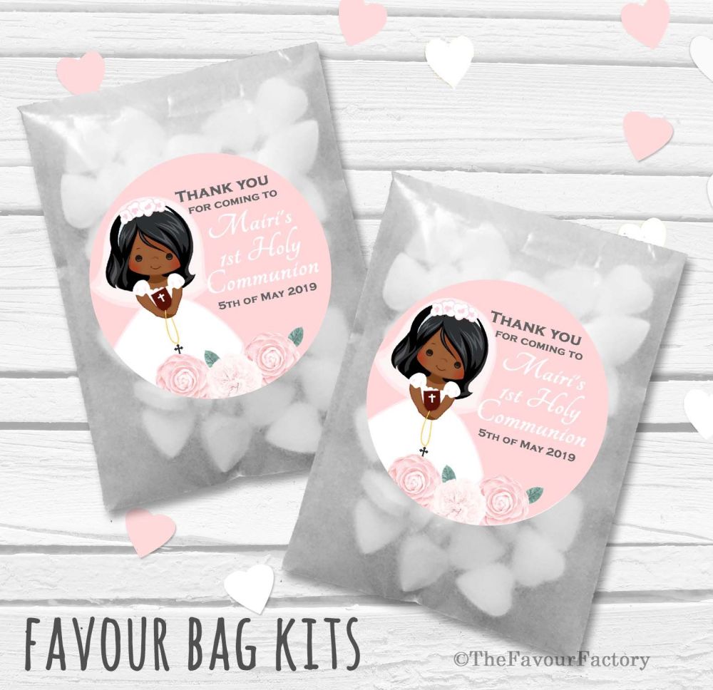 Floral Brown Hair Girl Personalised Holy Communion Party Favours Glassine B