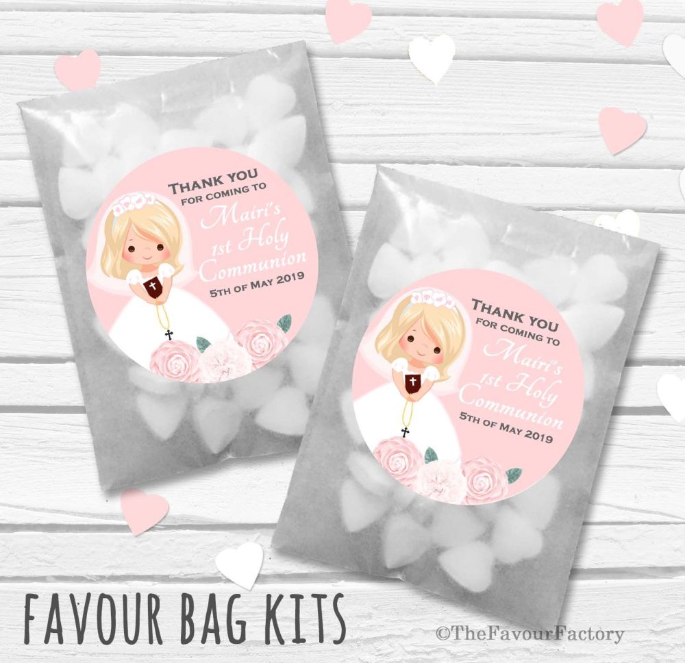 Floral Brown Hair Girl Personalised Holy Communion Party Favours Glassine B