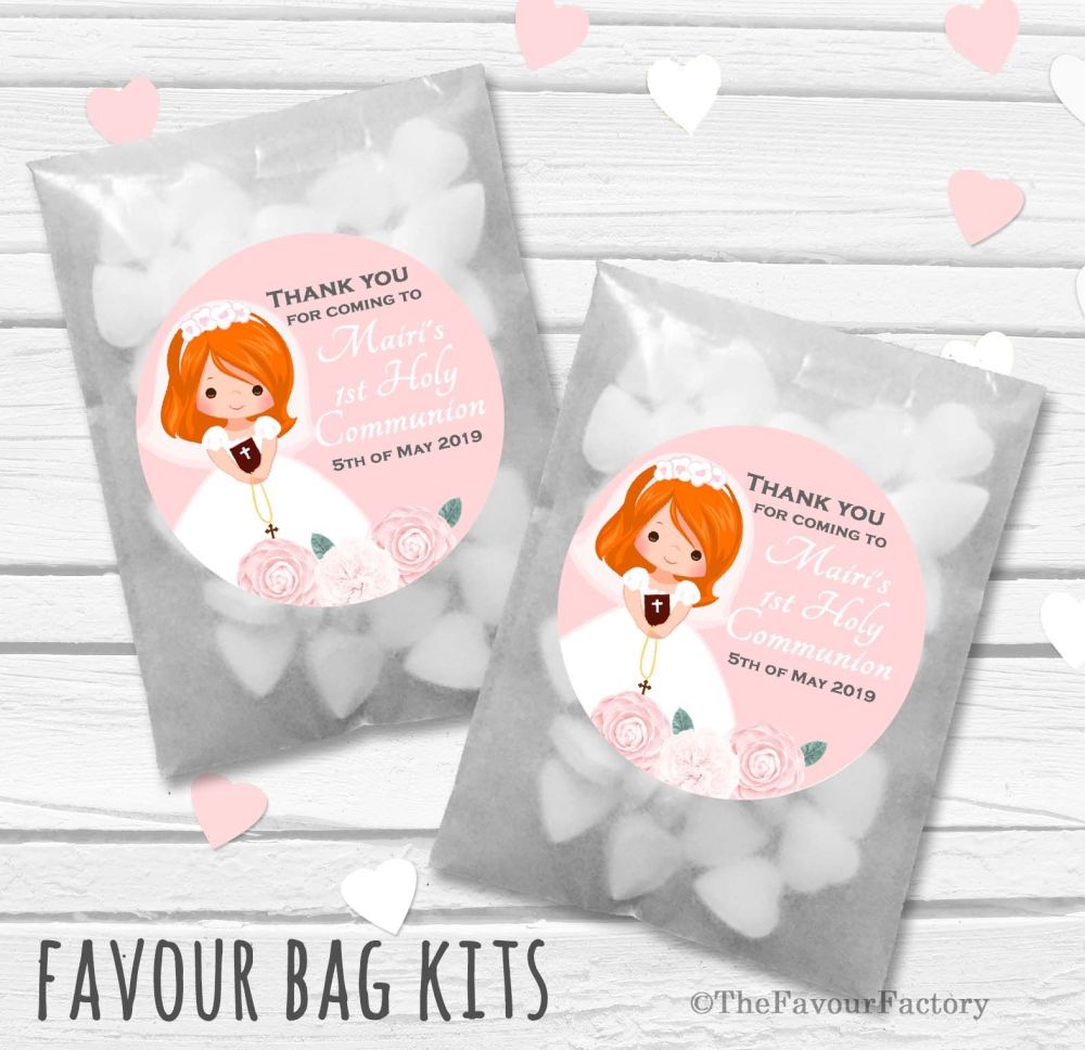 Floral Brown Hair Girl Personalised Holy Communion Party Favours Glassine B