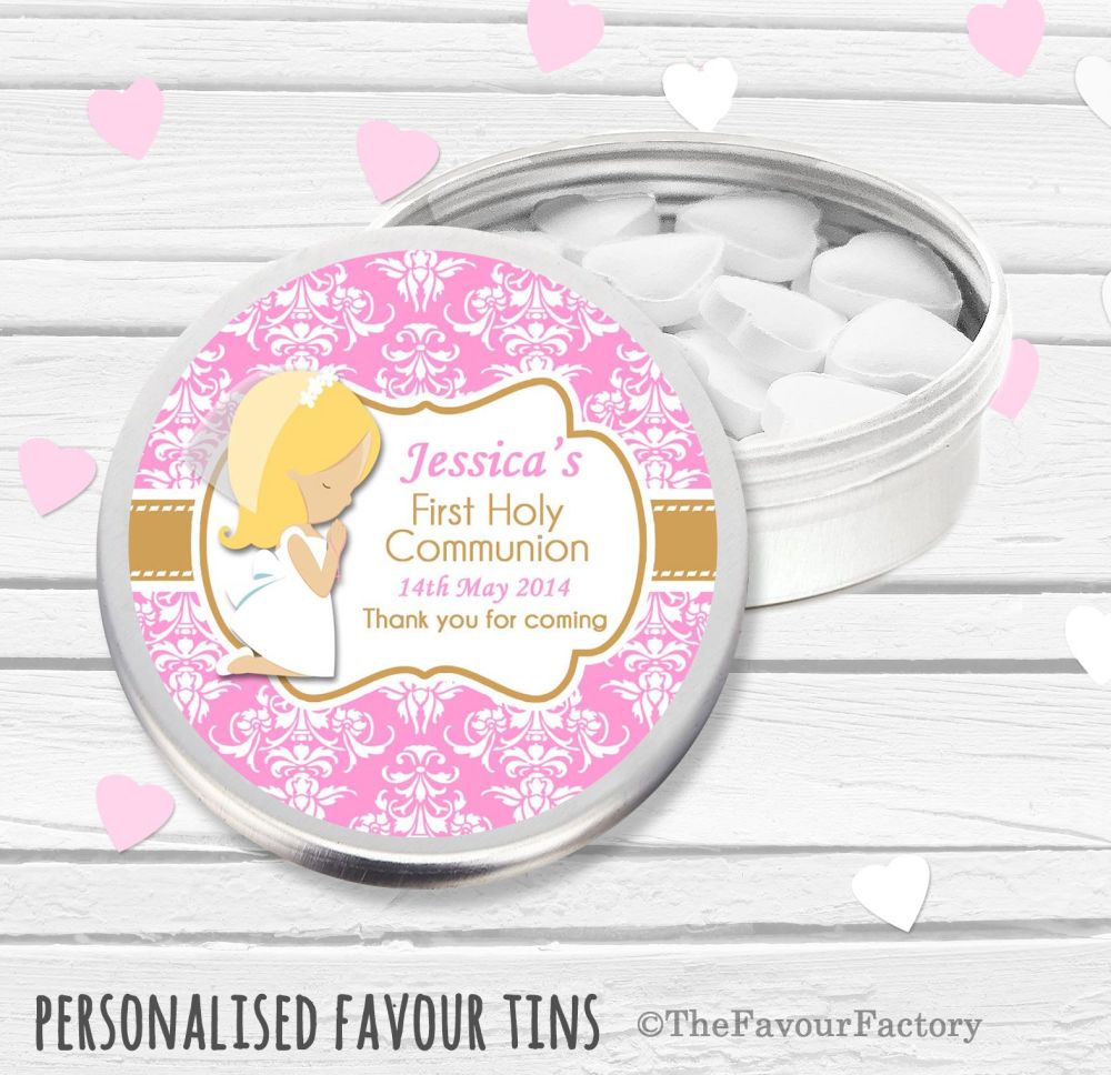 Blonde Girl Praying Personalised Holy Communion Party Favour Tins x1