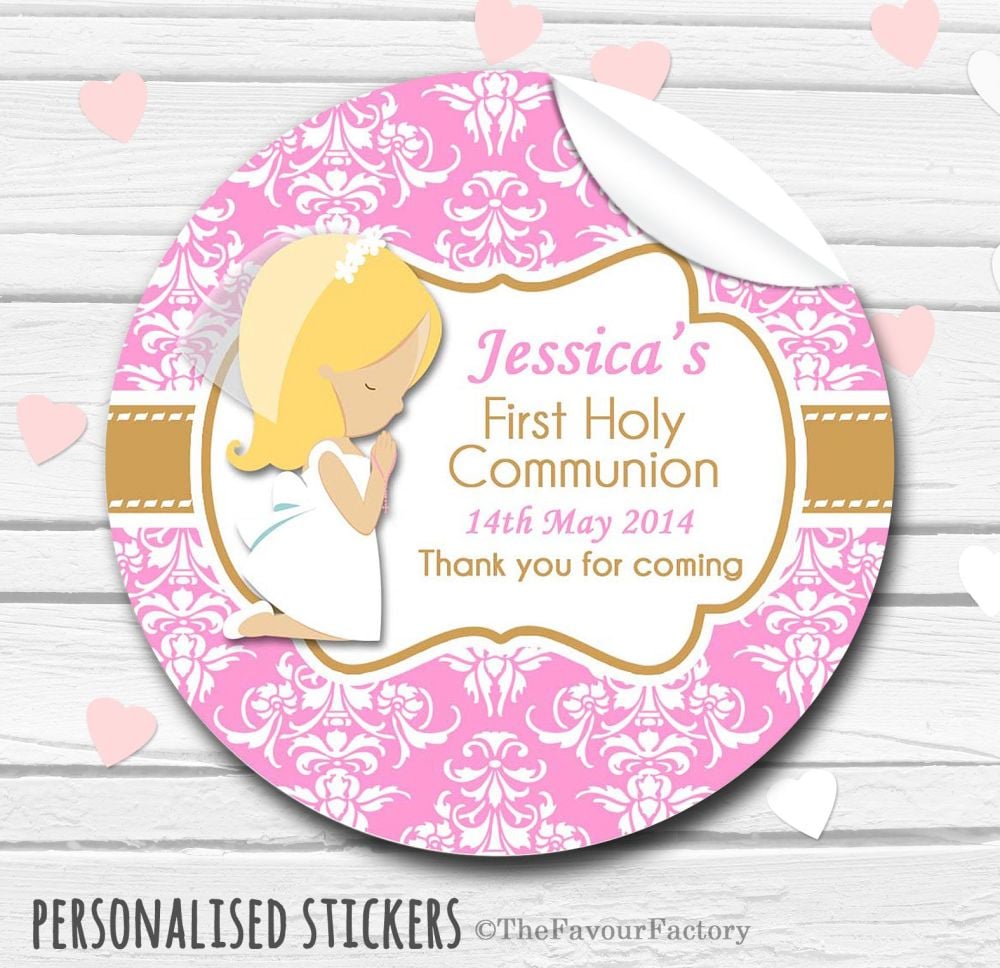 Praying Girl (Blonde Hair) Personalised Holy Communion Favour Stickers
