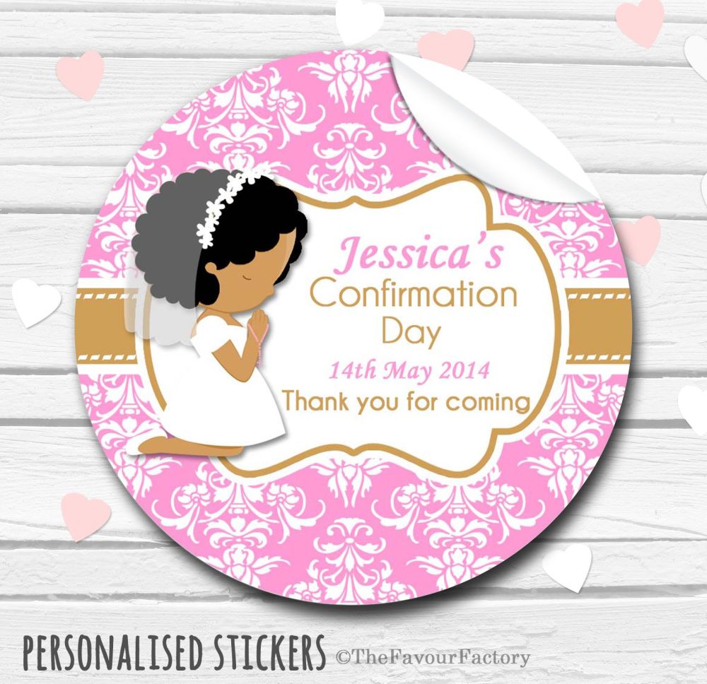 Praying Girl (Black Hair) Personalised Holy Communion Favour Stickers