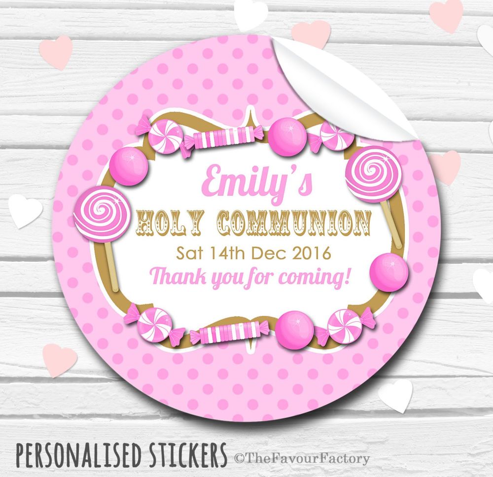 Candy Sweets Pink Personalised Holy Communion Favour Stickers, 1xA4 sheet