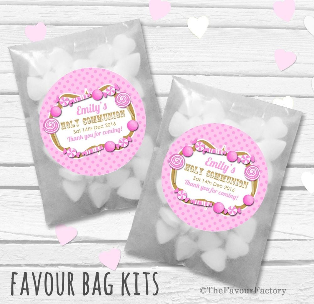 Candy Sweets Pink Personalised Holy Communion Party Favours Glassine Bags K