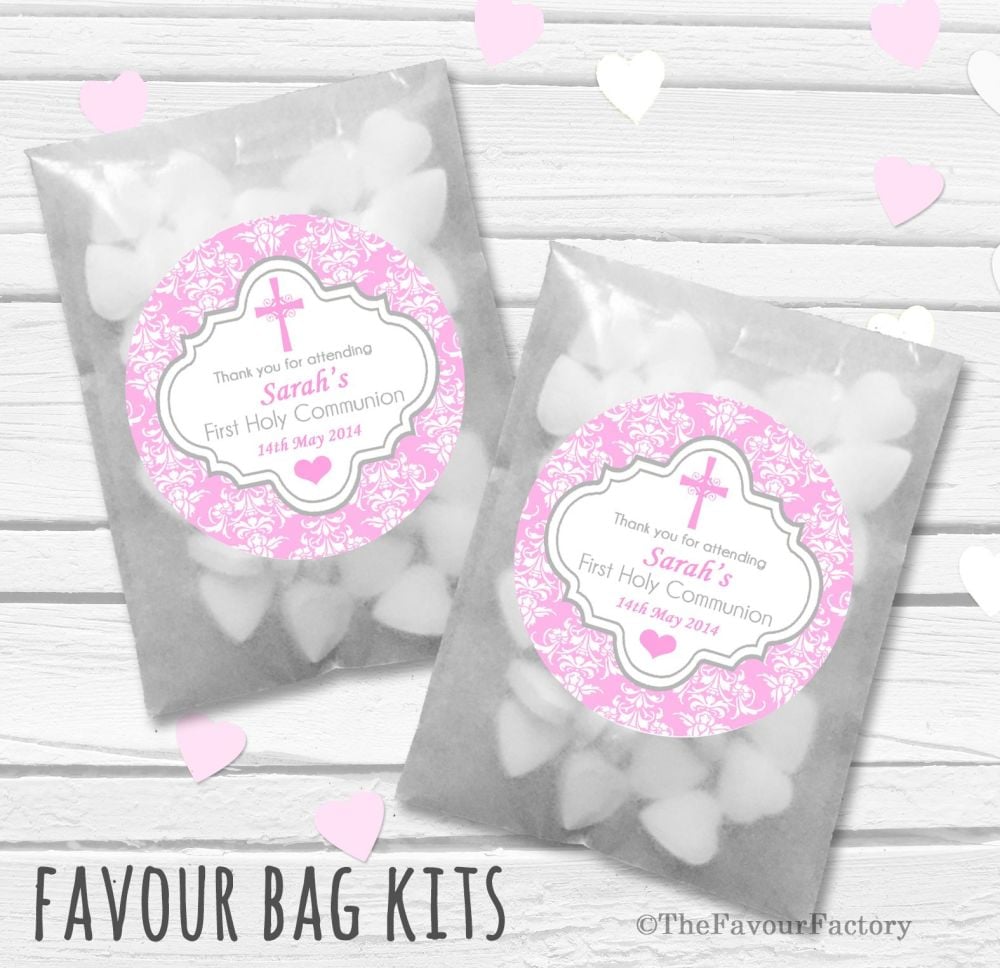 Damask Cross Pink Personalised Holy Communion Party Favours Glassine Bags K