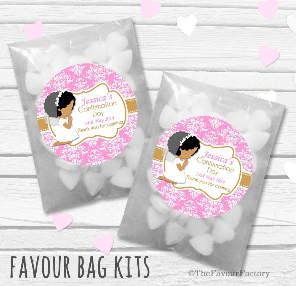 Afro Hair Girl Praying Personalised Holy Communion Party Favours Glassine B