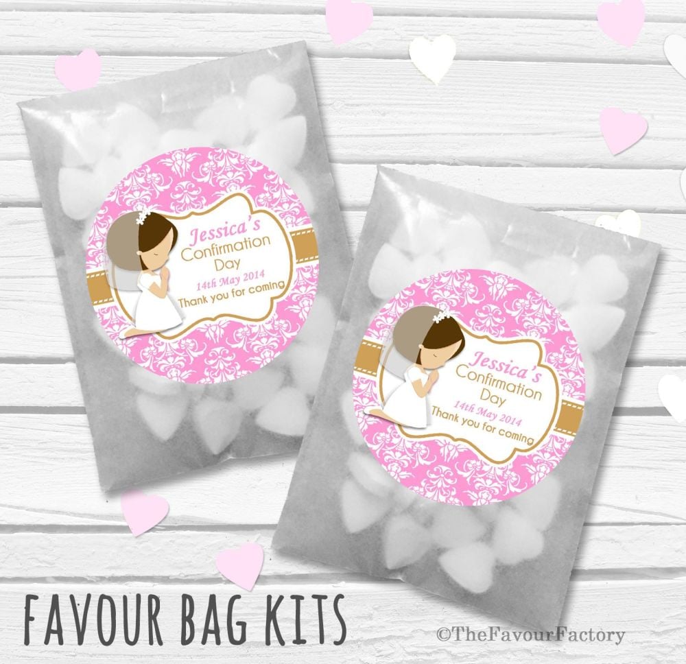 Brown Hair Girl Praying Personalised Holy Communion Party Favours Glassine
