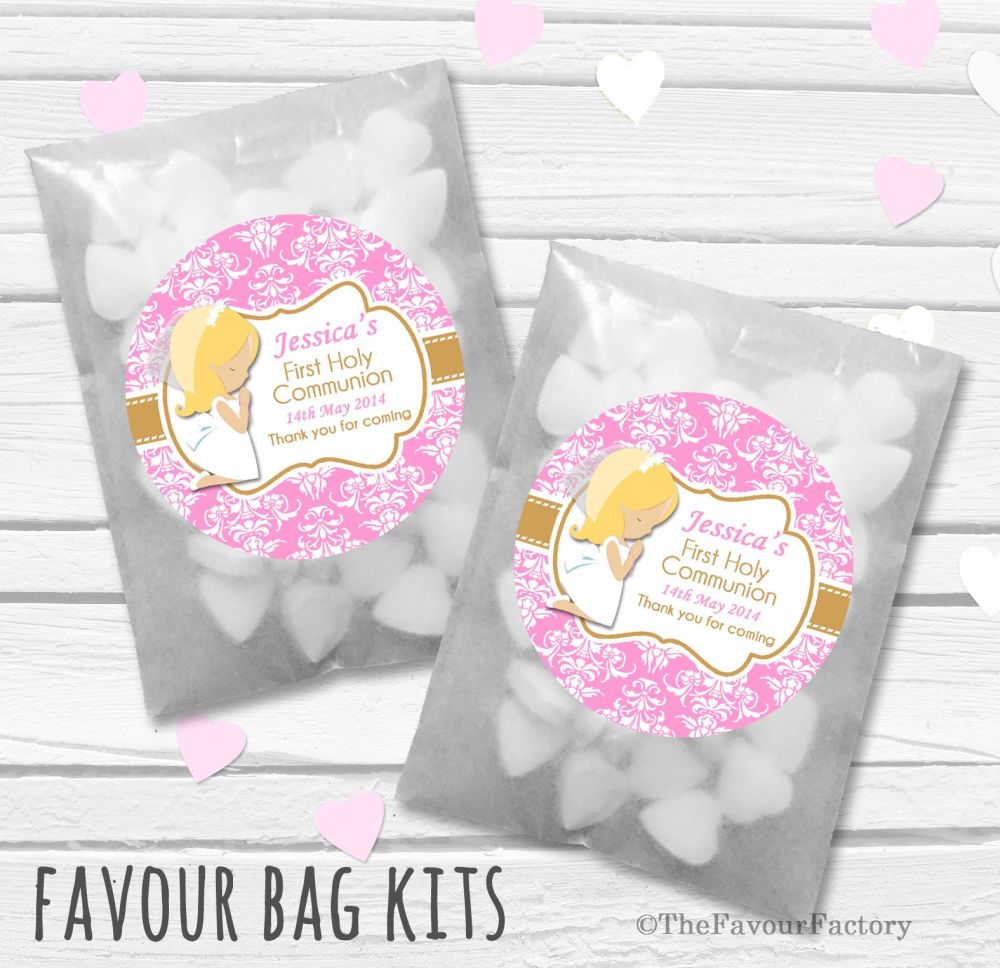 Blonde Hair Girl Praying Personalised Holy Communion Party Favours Glassine