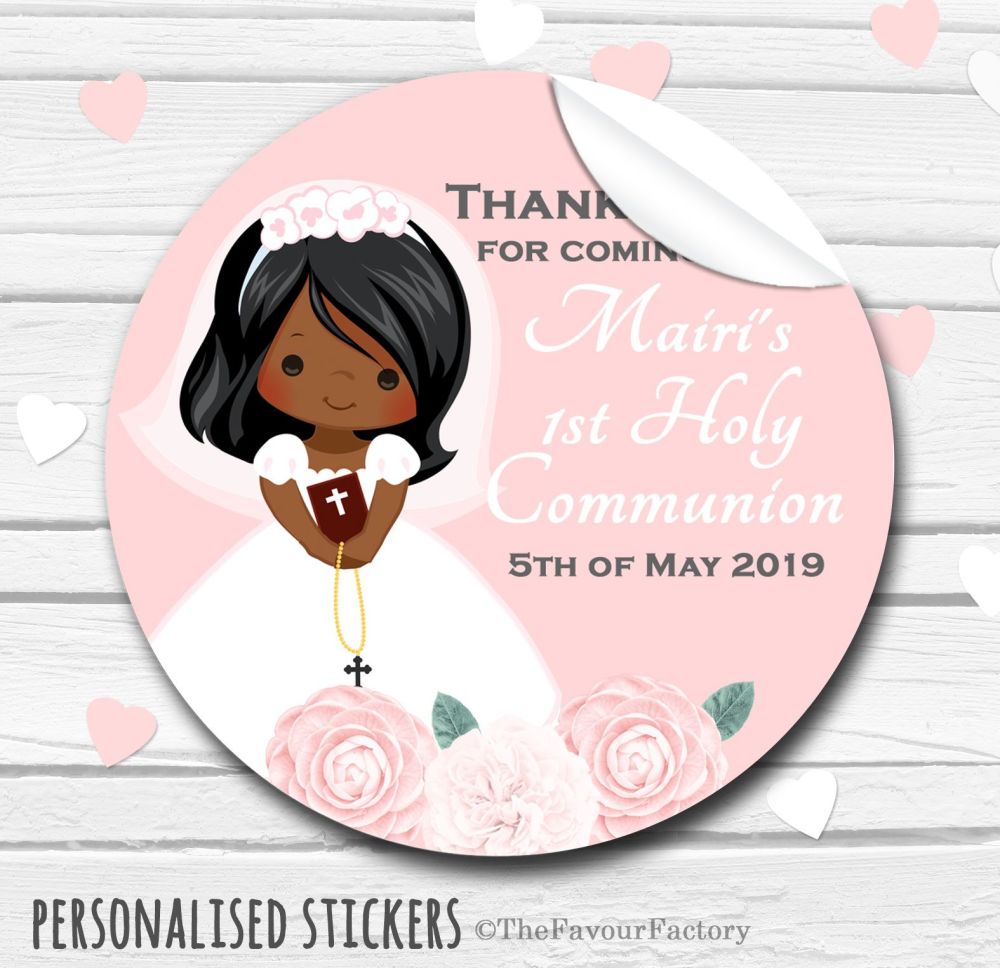 Personalised Holy Communion Stickers For Favours Floral Black Hair