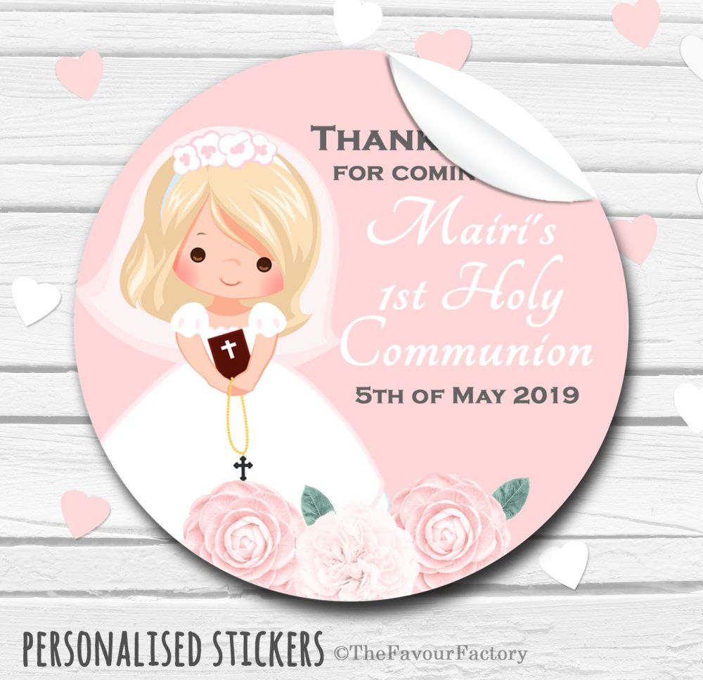 Floral Blonde Girl Personalised Holy Communion Favour Stickers